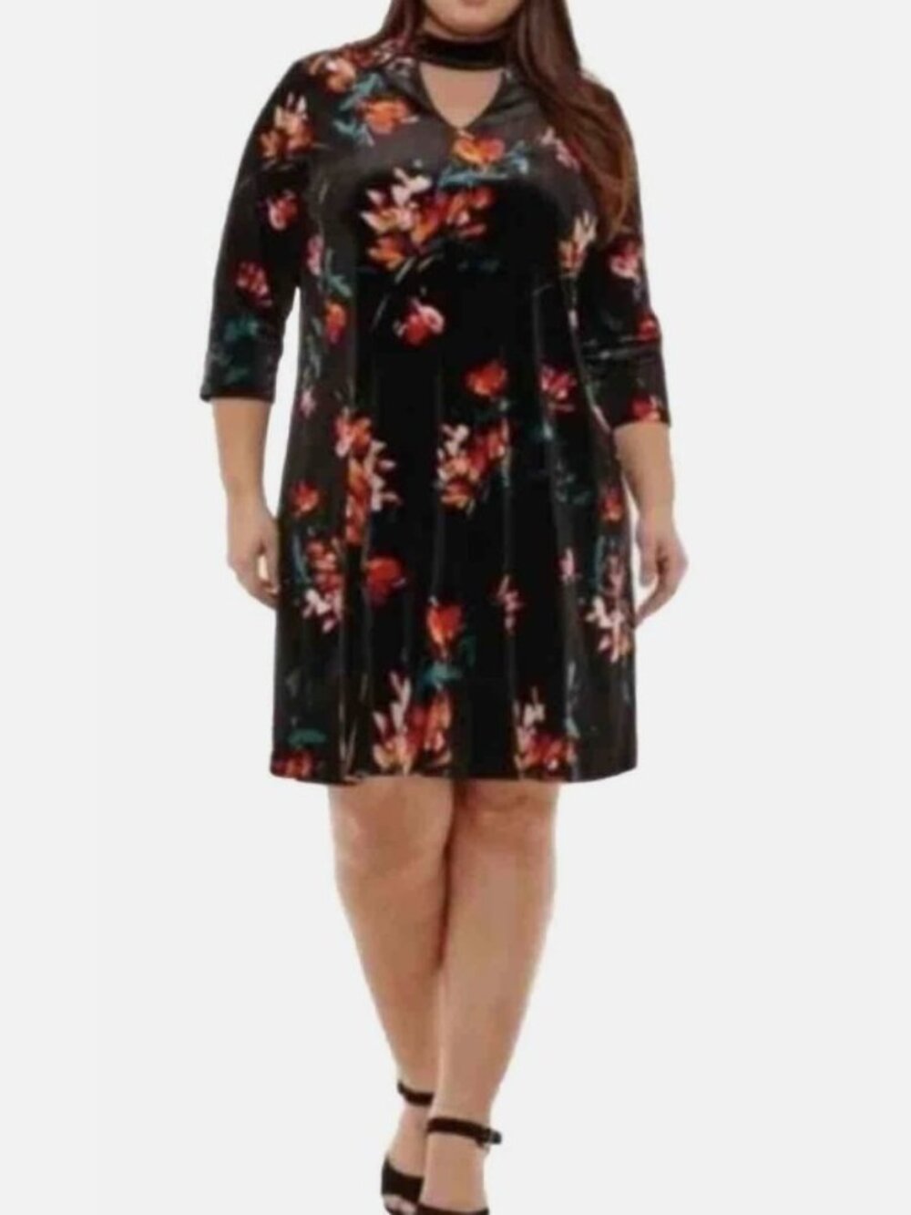 Boutique Velour Floral Mid Sleeve Keyhole Mock Choker Collar Knee Dress EUC 1X